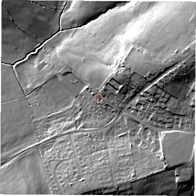 Shaded relief map of the ground around DE555JJ, computed from Environment Agency LiDAR. The ground here sits at about 117 m above sea level and falls 38 m across the surrounding 800 m. Surface water reaching this point runs off ground lying to the east-north-east, 15.7 m higher.