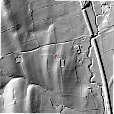 Shaded relief map of the ground around DE556AJ, computed from Environment Agency LiDAR. The ground here sits at about 102 m above sea level and falls 42 m across the surrounding 800 m. Surface water reaching this point runs off ground lying to the south-west, 8.6 m higher.
