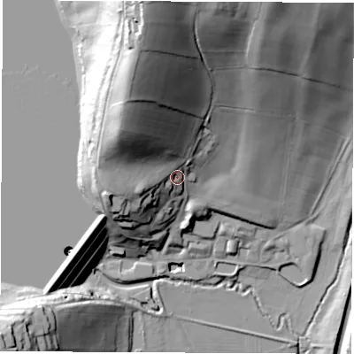 Shaded relief map of the ground around DE556EL, computed from Environment Agency LiDAR. The ground here sits at about 116 m above sea level and falls 67 m across the surrounding 800 m. Surface water reaching this point runs off ground lying to the north-north-west, 36.2 m higher.