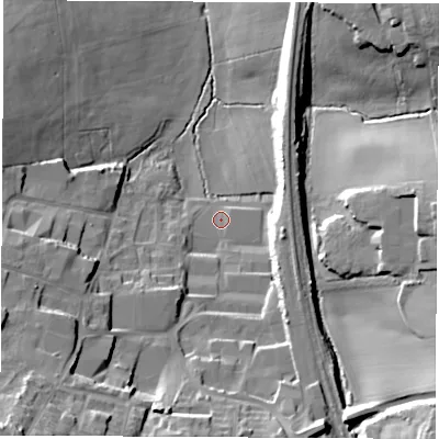 Shaded relief map of the ground around DE557EG, computed from Environment Agency LiDAR. The ground here sits at about 96 m above sea level and falls 32 m across the surrounding 800 m. Surface water reaching this point runs off ground lying to the south-west, 23.8 m higher.