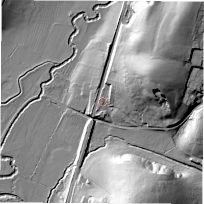 Shaded relief map of the ground around DE557LJ, computed from Environment Agency LiDAR. The ground here sits at about 89 m above sea level and falls 46 m across the surrounding 800 m. Surface water reaching this point runs off ground lying to the east-north-east, 30.2 m higher.