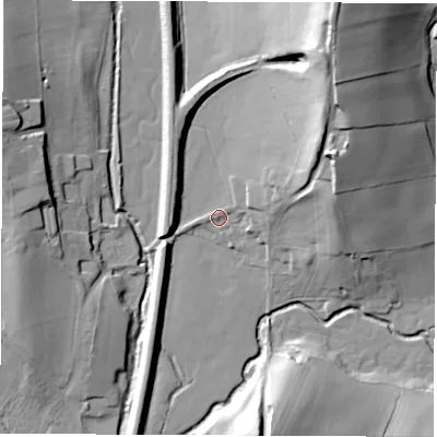 Shaded relief map of the ground around DE557LL, computed from Environment Agency LiDAR. The ground here sits at about 86 m above sea level and falls 41 m across the surrounding 800 m. Surface water reaching this point runs off ground lying to the east-north-east, 16.7 m higher.