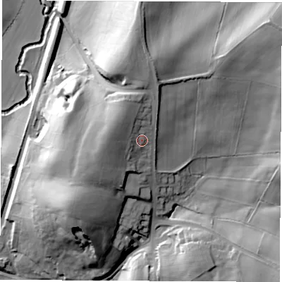 Shaded relief map of the ground around DE557LN, computed from Environment Agency LiDAR. The ground here sits at about 110 m above sea level and falls 39 m across the surrounding 800 m. Surface water reaching this point runs off ground lying to the west, 8.3 m higher.