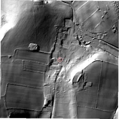 Shaded relief map of the ground around DE557LP, computed from Environment Agency LiDAR. The ground here sits at about 104 m above sea level and falls 45 m across the surrounding 800 m. Surface water reaching this point runs off ground lying to the west, 28.9 m higher.
