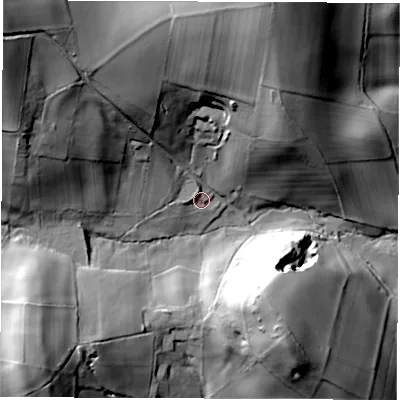Shaded relief map of the ground around DE557LR, computed from Environment Agency LiDAR. The ground here sits at about 94 m above sea level and falls 64 m across the surrounding 800 m. Surface water reaching this point runs off ground lying to the north-west, 15.7 m higher.