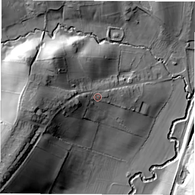 Shaded relief map of the ground around DE557LZ, computed from Environment Agency LiDAR. The ground here sits at about 95 m above sea level and falls 37 m across the surrounding 800 m. Surface water reaching this point runs off ground lying to the west, 14.0 m higher.