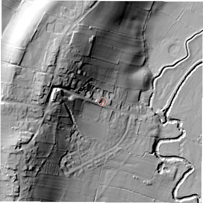 Shaded relief map of the ground around DE557NJ, computed from Environment Agency LiDAR. The ground here sits at about 95 m above sea level and falls 51 m across the surrounding 800 m. Surface water reaching this point runs off ground lying to the north-west, 29.1 m higher.