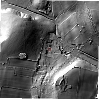 Shaded relief map of the ground around DE557NT, computed from Environment Agency LiDAR. The ground here sits at about 93 m above sea level and falls 48 m across the surrounding 800 m. Surface water reaching this point runs off ground lying to the west, 39.7 m higher.