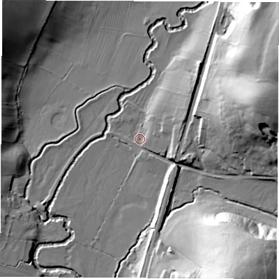 Shaded relief map of the ground around DE557NY, computed from Environment Agency LiDAR. The ground here sits at about 82 m above sea level and falls 45 m across the surrounding 800 m. Surface water reaching this point runs off ground lying to the south-east, 42.6 m higher.