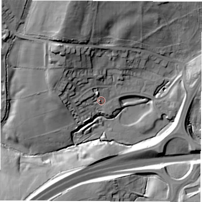 Shaded relief map of the ground around DE557PR, computed from Environment Agency LiDAR. The ground here sits at about 103 m above sea level and falls 32 m across the surrounding 800 m. Surface water reaching this point runs off ground lying to the north-west, 17.7 m higher.