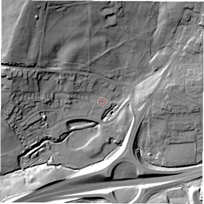 Shaded relief map of the ground around DE557QN, computed from Environment Agency LiDAR. The ground here sits at about 102 m above sea level and falls 36 m across the surrounding 800 m. Surface water reaching this point runs off ground lying to the west-north-west, 22.9 m higher.