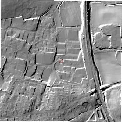 Shaded relief map of the ground around DE557RG, computed from Environment Agency LiDAR. The ground here sits at about 102 m above sea level and falls 38 m across the surrounding 800 m. Surface water reaching this point runs off ground lying to the south-west, 28.0 m higher.