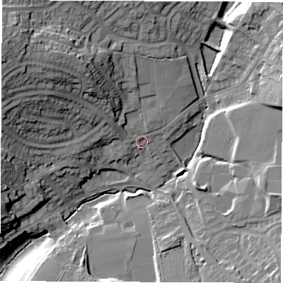 Shaded relief map of the ground around DE560HB, computed from Environment Agency LiDAR. The ground here sits at about 94 m above sea level and falls 28 m across the surrounding 800 m. Surface water reaching this point runs off ground lying to the north-west, 20.5 m higher.