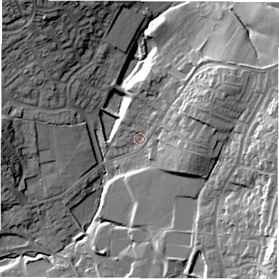 Shaded relief map of the ground around DE560HD, computed from Environment Agency LiDAR. The ground here sits at about 98 m above sea level and falls 28 m across the surrounding 800 m. Surface water reaching this point runs off ground lying to the east-north-east, 10.8 m higher.