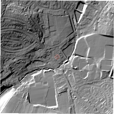 Shaded relief map of the ground around DE560HE, computed from Environment Agency LiDAR. The ground here sits at about 92 m above sea level and falls 26 m across the surrounding 800 m. Surface water reaching this point runs off ground lying to the north-west, 23.4 m higher.