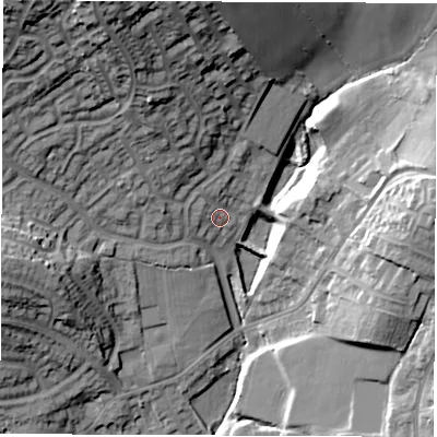 Shaded relief map of the ground around DE560HU, computed from Environment Agency LiDAR. The ground here sits at about 98 m above sea level and falls 33 m across the surrounding 800 m. Surface water reaching this point runs off ground lying to the north-north-west, 25.9 m higher.