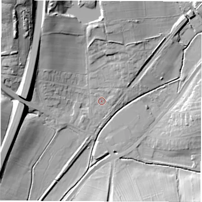 Shaded relief map of the ground around DE560LL, computed from Environment Agency LiDAR. The ground here sits at about 73 m above sea level and falls 35 m across the surrounding 800 m. Surface water reaching this point runs off ground lying to the north, 14.4 m higher.