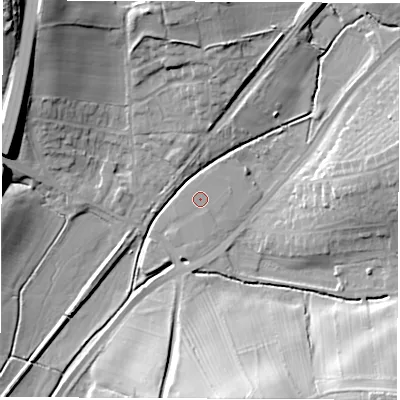 Shaded relief map of the ground around DE560LQ, computed from Environment Agency LiDAR. The ground here sits at about 73 m above sea level and falls 27 m across the surrounding 800 m. The ground contributing surface water to this point lies to the east-north-east.