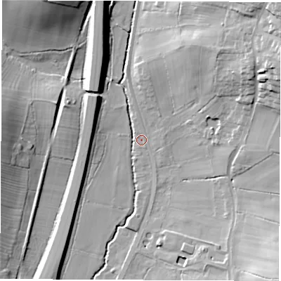 Shaded relief map of the ground around DE560NG, computed from Environment Agency LiDAR. The ground here sits at about 68 m above sea level and falls 29 m across the surrounding 800 m. Surface water reaching this point runs off ground lying to the north-east, 25.0 m higher.