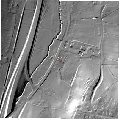Shaded relief map of the ground around DE560NH, computed from Environment Agency LiDAR. The ground here sits at about 67 m above sea level and falls 38 m across the surrounding 800 m. Surface water reaching this point runs off ground lying to the south-east, 20.0 m higher.