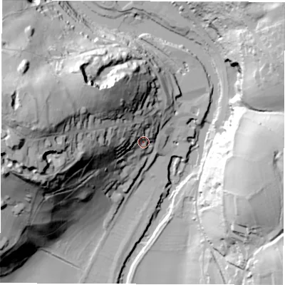 Shaded relief map of the ground around DE560QF, computed from Environment Agency LiDAR. The ground here sits at about 68 m above sea level and falls 80 m across the surrounding 800 m. Surface water reaching this point runs off ground lying to the west, 65.6 m higher.