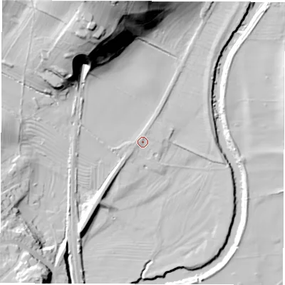 Shaded relief map of the ground around DE560QG, computed from Environment Agency LiDAR. The ground here sits at about 58 m above sea level and falls 49 m across the surrounding 800 m. Surface water reaching this point runs off ground lying to the north, 1.0 m higher.