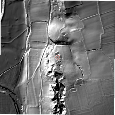 Shaded relief map of the ground around DE560QU, computed from Environment Agency LiDAR. The ground here sits at about 100 m above sea level and falls 82 m across the surrounding 800 m. Surface water reaching this point runs off ground lying to the south-south-east, 19.9 m higher.