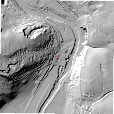 Shaded relief map of the ground around DE560QW, computed from Environment Agency LiDAR. The ground here sits at about 61 m above sea level and falls 76 m across the surrounding 800 m. Surface water reaching this point runs off ground lying to the west, 62.7 m higher.