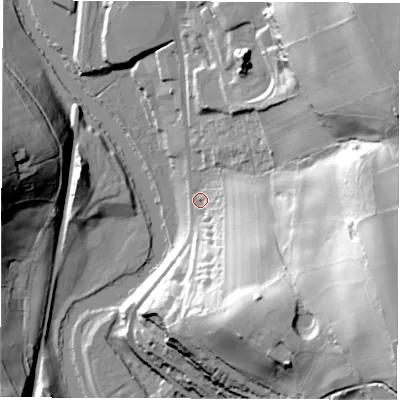 Shaded relief map of the ground around DE560RA, computed from Environment Agency LiDAR. The ground here sits at about 65 m above sea level and falls 71 m across the surrounding 800 m. Surface water reaching this point runs off ground lying to the east-south-east, 64.8 m higher.