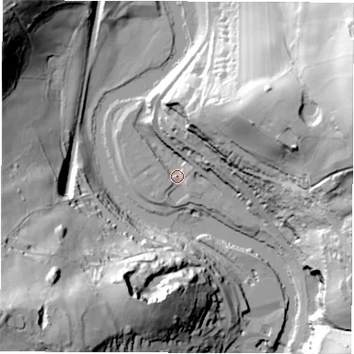 Shaded relief map of the ground around DE560RN, computed from Environment Agency LiDAR. The ground here sits at about 60 m above sea level and falls 83 m across the surrounding 800 m. Surface water reaching this point runs off ground lying to the north-north-west, 9.3 m higher.