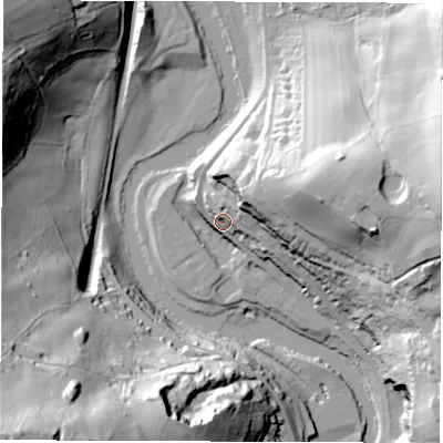 Shaded relief map of the ground around DE560RP, computed from Environment Agency LiDAR. The ground here sits at about 67 m above sea level and falls 82 m across the surrounding 800 m. Surface water reaching this point runs off ground lying to the north-north-west, 9.3 m higher.