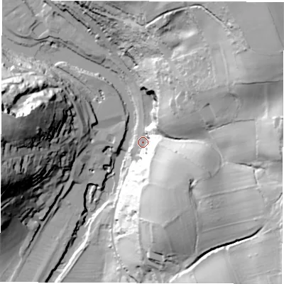 Shaded relief map of the ground around DE560RR, computed from Environment Agency LiDAR. The ground here sits at about 60 m above sea level and falls 81 m across the surrounding 800 m. Surface water reaching this point runs off ground lying to the north-east, 74.4 m higher.