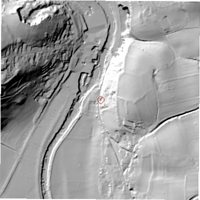 Shaded relief map of the ground around DE560RU, computed from Environment Agency LiDAR. The ground here sits at about 60 m above sea level and falls 71 m across the surrounding 800 m. Surface water reaching this point runs off ground lying to the east-north-east, 44.6 m higher.