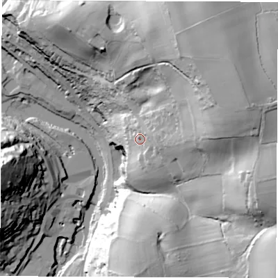 Shaded relief map of the ground around DE560RW, computed from Environment Agency LiDAR. The ground here sits at about 95 m above sea level and falls 81 m across the surrounding 800 m. Surface water reaching this point runs off ground lying to the east-south-east, 9.2 m higher.