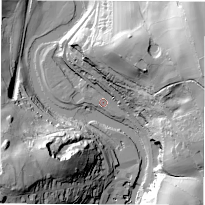 Shaded relief map of the ground around DE560RY, computed from Environment Agency LiDAR. The ground here sits at about 61 m above sea level and falls 76 m across the surrounding 800 m. Surface water reaching this point runs off ground lying to the north-east, 44.0 m higher.