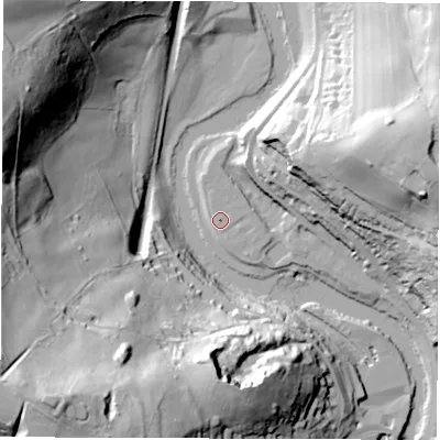 Shaded relief map of the ground around DE560RZ, computed from Environment Agency LiDAR. The ground here sits at about 61 m above sea level and falls 83 m across the surrounding 800 m. Surface water reaching this point runs off ground lying to the east-south-east, 0.9 m higher.