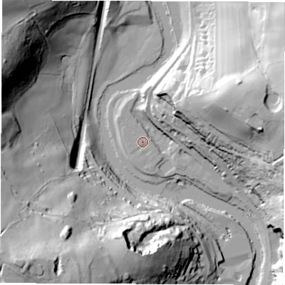 Shaded relief map of the ground around DE560SA, computed from Environment Agency LiDAR. The ground here sits at about 61 m above sea level and falls 82 m across the surrounding 800 m. Surface water reaching this point runs off ground lying to the south, 0.8 m higher.