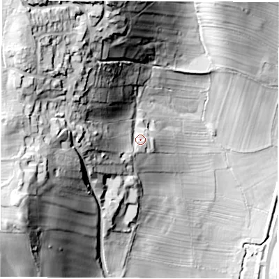 Shaded relief map of the ground around DE560SS, computed from Environment Agency LiDAR. The ground here sits at about 87 m above sea level and falls 78 m across the surrounding 800 m. Surface water reaching this point runs off ground lying to the west, 25.6 m higher.