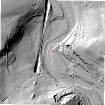 Shaded relief map of the ground around DE560UL, computed from Environment Agency LiDAR. The ground here sits at about 61 m above sea level and falls 82 m across the surrounding 800 m. Surface water reaching this point runs off ground lying to the north-east, 3.0 m higher.