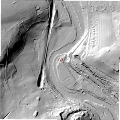 Shaded relief map of the ground around DE560UP, computed from Environment Agency LiDAR. The ground here sits at about 61 m above sea level and falls 80 m across the surrounding 800 m. Surface water reaching this point runs off ground lying to the north-east, 3.1 m higher.