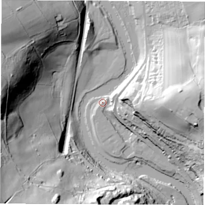 Shaded relief map of the ground around DE560UQ, computed from Environment Agency LiDAR. The ground here sits at about 61 m above sea level and falls 77 m across the surrounding 800 m. Surface water reaching this point runs off ground lying to the east-north-east, 7.4 m higher.