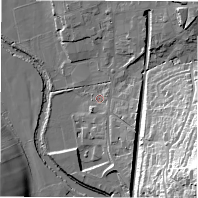 Shaded relief map of the ground around DE561AB, computed from Environment Agency LiDAR. The ground here sits at about 63 m above sea level and falls 59 m across the surrounding 800 m. Surface water reaching this point runs off ground lying to the south-east, 9.6 m higher.