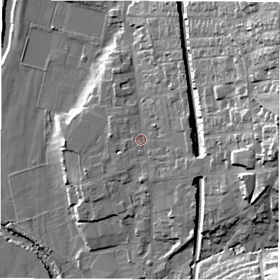 Shaded relief map of the ground around DE561AY, computed from Environment Agency LiDAR. The ground here sits at about 67 m above sea level and falls 36 m across the surrounding 800 m. Surface water reaching this point runs off ground lying to the east-south-east, 4.4 m higher.