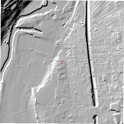Shaded relief map of the ground around DE561BA, computed from Environment Agency LiDAR. The ground here sits at about 66 m above sea level and falls 46 m across the surrounding 800 m. Surface water reaching this point runs off ground lying to the south-south-west, 3.1 m higher.