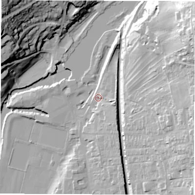 Shaded relief map of the ground around DE561BE, computed from Environment Agency LiDAR. The ground here sits at about 66 m above sea level and falls 56 m across the surrounding 800 m. Surface water reaching this point runs off ground lying to the east, 7.8 m higher.