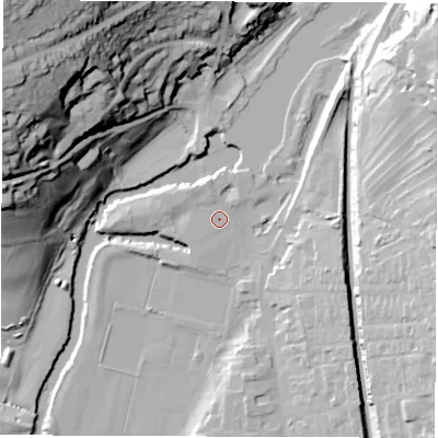 Shaded relief map of the ground around DE561BH, computed from Environment Agency LiDAR. The ground here sits at about 63 m above sea level and falls 67 m across the surrounding 800 m. Surface water reaching this point runs off ground lying to the north-north-west, 2.8 m higher.
