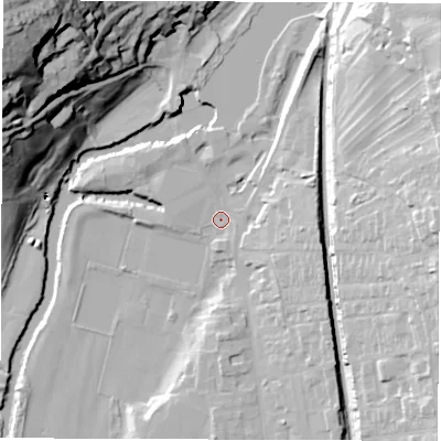 Shaded relief map of the ground around DE561BJ, computed from Environment Agency LiDAR. The ground here sits at about 62 m above sea level and falls 60 m across the surrounding 800 m. Surface water reaching this point runs off ground lying to the east-north-east, 11.0 m higher.