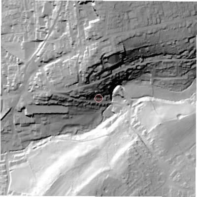 Shaded relief map of the ground around DE561HY, computed from Environment Agency LiDAR. The ground here sits at about 86 m above sea level and falls 62 m across the surrounding 800 m. Surface water reaching this point runs off ground lying to the north-north-west, 29.7 m higher.