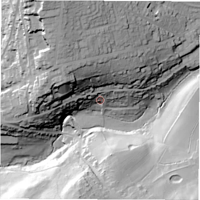 Shaded relief map of the ground around DE561JD, computed from Environment Agency LiDAR. The ground here sits at about 94 m above sea level and falls 64 m across the surrounding 800 m. Surface water reaching this point runs off ground lying to the north-north-west, 34.1 m higher.
