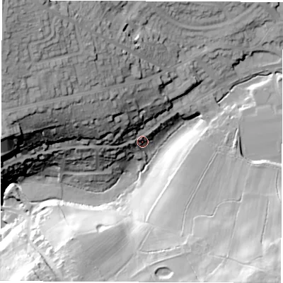 Shaded relief map of the ground around DE561JJ, computed from Environment Agency LiDAR. The ground here sits at about 94 m above sea level and falls 58 m across the surrounding 800 m. Surface water reaching this point runs off ground lying to the north-west, 23.3 m higher.